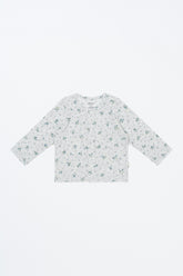Flat lay of Avauma Littleshell cardigan in forest mint with long sleeves and floral print.
